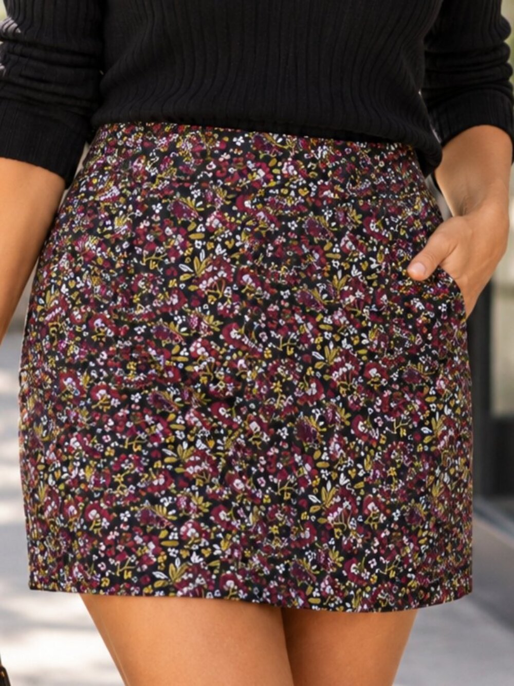 Ann Taylor LOFT Womens 6 Floral Jacquard Mini Skirt Black Pink Gold Zip Pockets